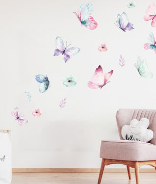 Vinilos decorativos Adhesivos infantiles de Pared Mariposas y flores niña (0068)