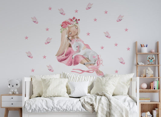 Vinilos decorativos Adhesivos infantiles de Pared unicornio con princesa niña