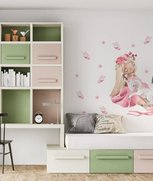 Vinilos decorativos Adhesivos infantiles de Pared unicornio con princesa niña