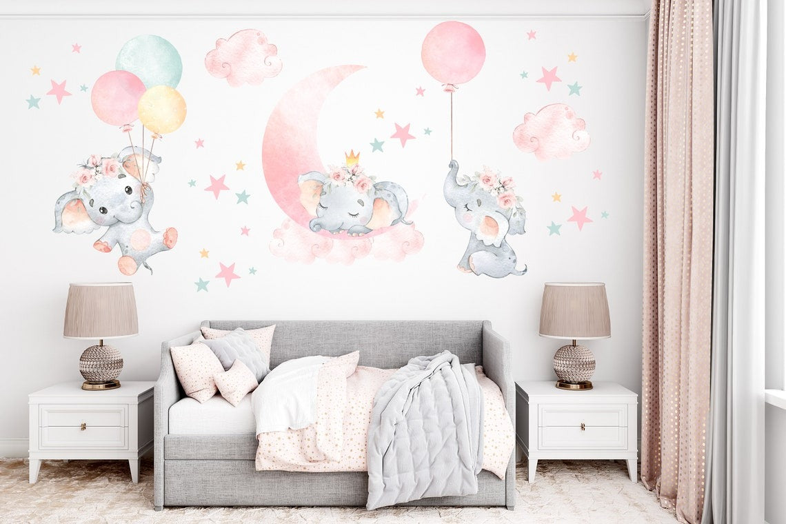 Vinilos decorativos Adhesivos infantiles de Pared elefantes rosados con globos niña (0047)