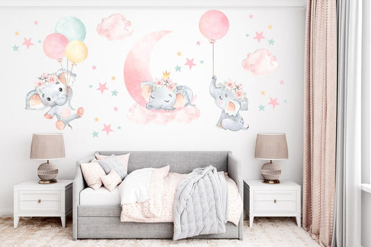 Vinilos decorativos Adhesivos infantiles de Pared elefantes rosados con globos niña (0047)