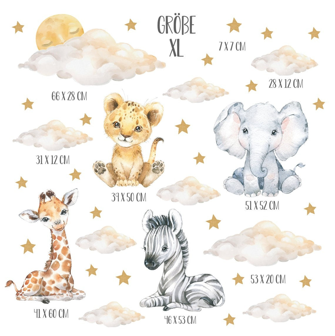 Vinilos decorativos Adhesivos infantiles de Pared bebé, León, elefante, cebra, jirafa con nubes y estrellas (0028)