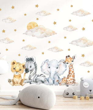 Vinilos decorativos Adhesivos infantiles de Pared bebé, León, elefante, cebra, jirafa con nubes y estrellas (0028)