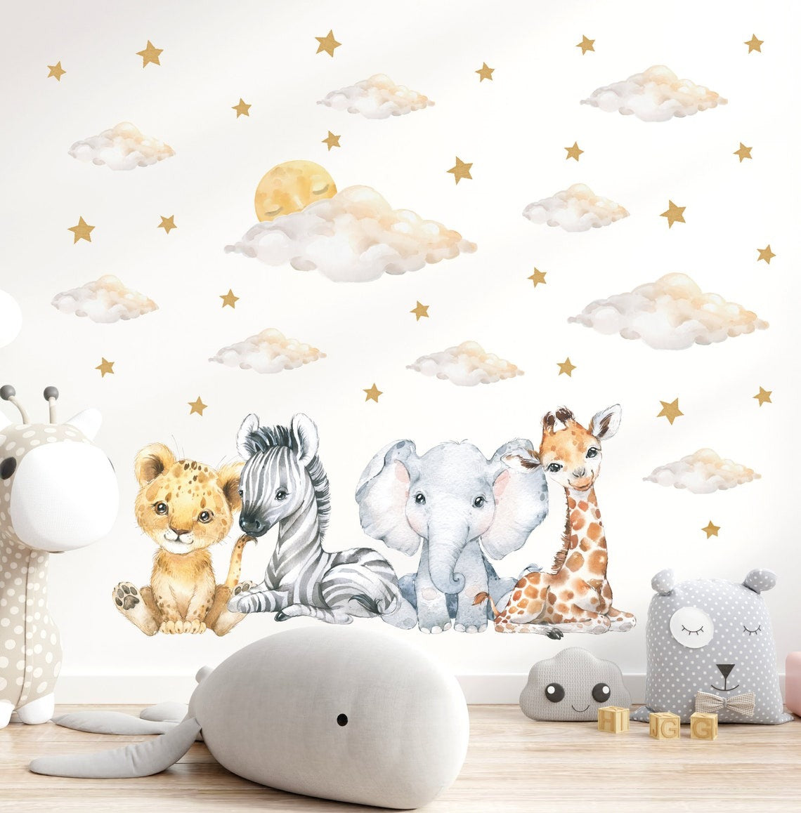 Vinilos decorativos Adhesivos infantiles de Pared bebé, León, elefante, cebra, jirafa con nubes y estrellas (0028)