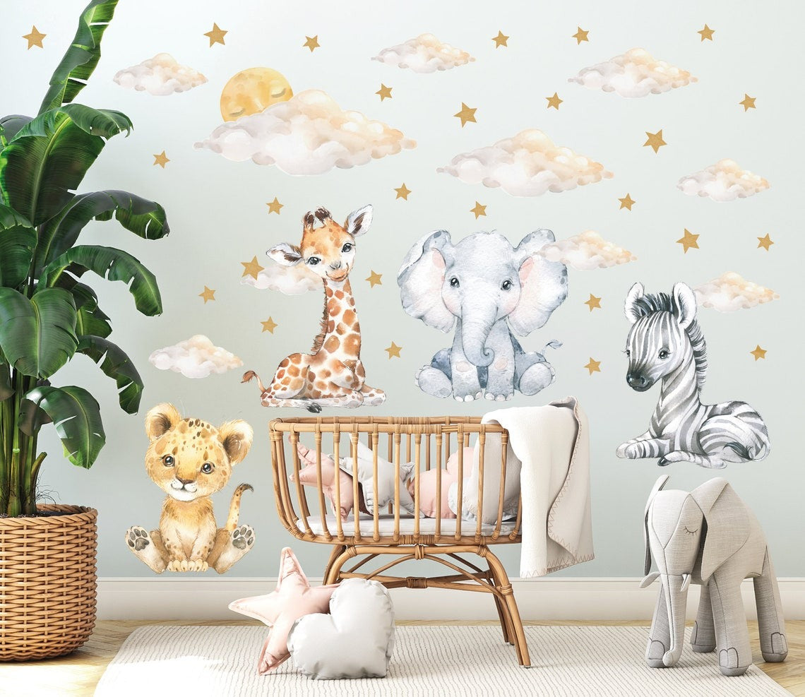 Vinilos decorativos Adhesivos infantiles de Pared bebé, León, elefante, cebra, jirafa con nubes y estrellas (0028)