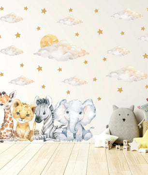 Vinilos decorativos Adhesivos infantiles de Pared bebé, León, elefante, cebra, jirafa con nubes y estrellas (0028)
