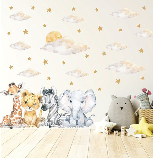 Calcomania de Pared bebé, León, elefante, cebra, jirafa con nubes y estrellas (0028)
