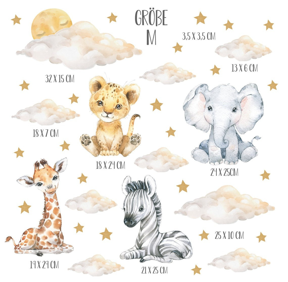 Vinilos decorativos Adhesivos infantiles de Pared bebé, León, elefante, cebra, jirafa con nubes y estrellas (0028)