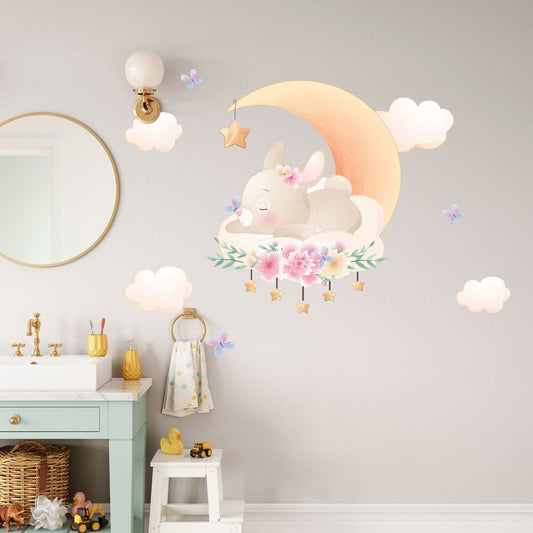 Vinilos decorativos Adhesivos infantiles de Pared Conejo lindo de Pascua en la luna niña