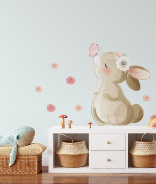 Vinilos decorativos Adhesivos infantiles de Pared  Conejo con flores y mariposas(0013)