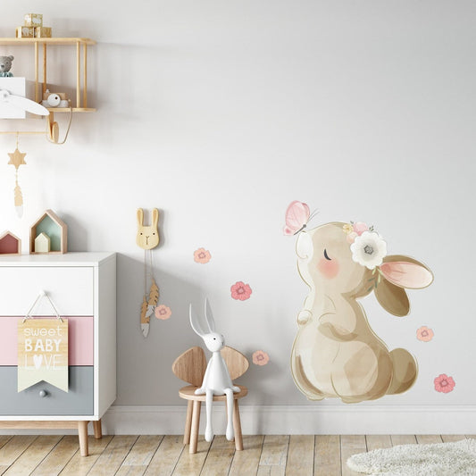 Vinilos decorativos Adhesivos infantiles de Pared  Conejo con flores y mariposas(0013)