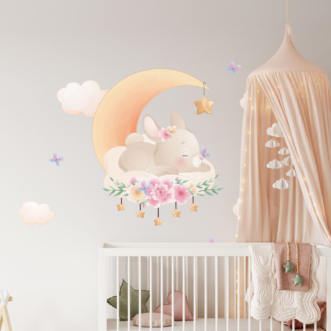 Vinilos decorativos Adhesivos infantiles de Pared Conejo lindo de Pascua en la luna niña