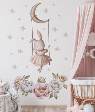 Vinilos decorativos Adhesivos infantiles de Pared conejito en columpio niña (0029)