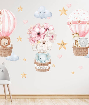 Vinilos decorativos Adhesivos infantiles de Pared Globos Aerostáticos con animales niña (0060)