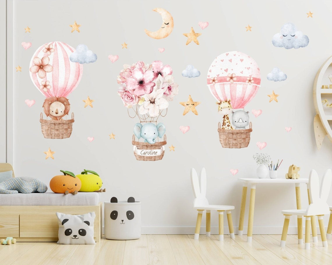 Vinilos decorativos Adhesivos infantiles de Pared Globos Aerostáticos con animales niña (0060)