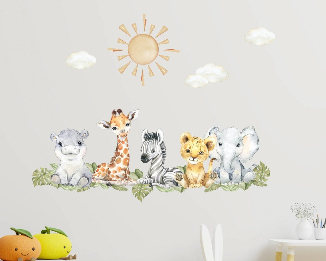 Vinilos decorativos Adhesivos infantiles de pared de acuarela de animales de safari de bebé (0032)