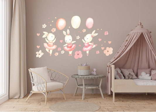 Vinilos decorativos Adhesivos infantiles de Pared Dulce bailarina conejita con globos Flores Corazones (0039)