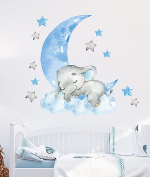 Vinilos decorativos Adhesivos infantiles de Pared Lindo bebé elefante azul lunas niño (0061)