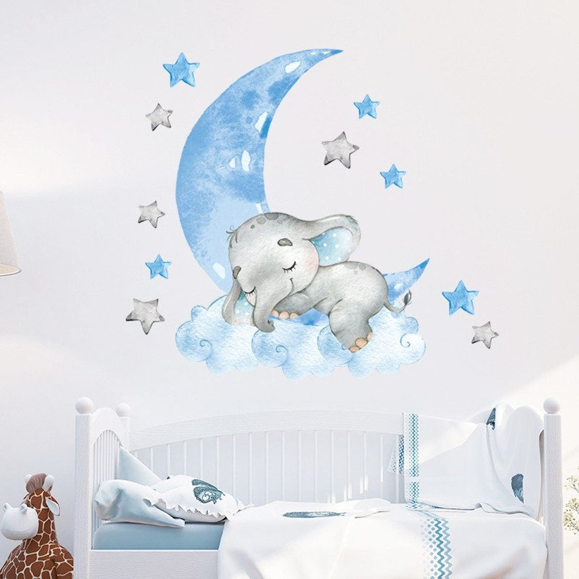 Vinilos decorativos Adhesivos infantiles de Pared Lindo bebé elefante azul lunas niño (0061)