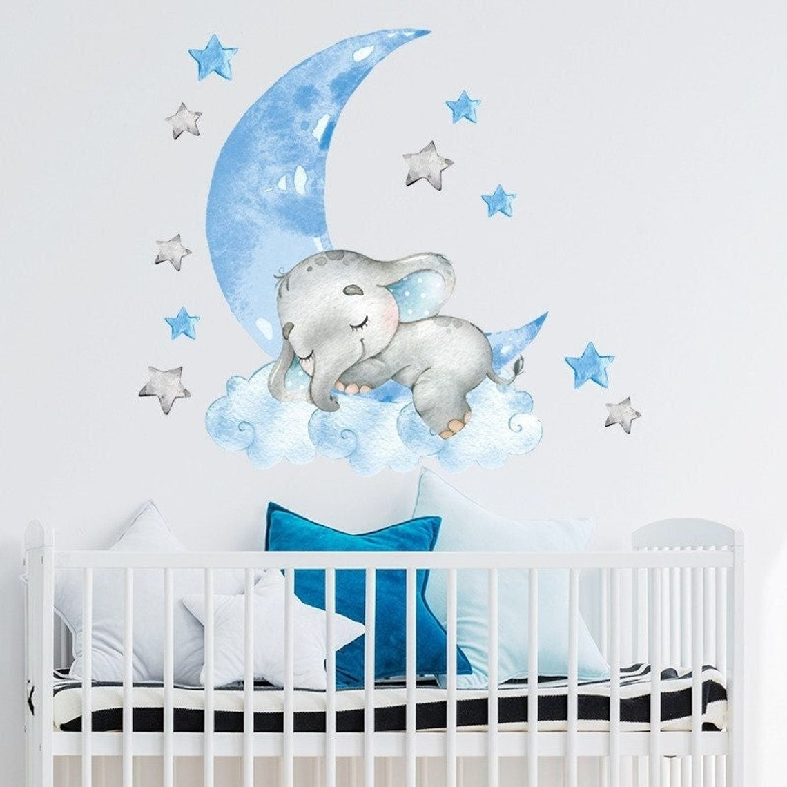 Vinilos decorativos Adhesivos infantiles de Pared Lindo bebé elefante azul lunas niño (0061)