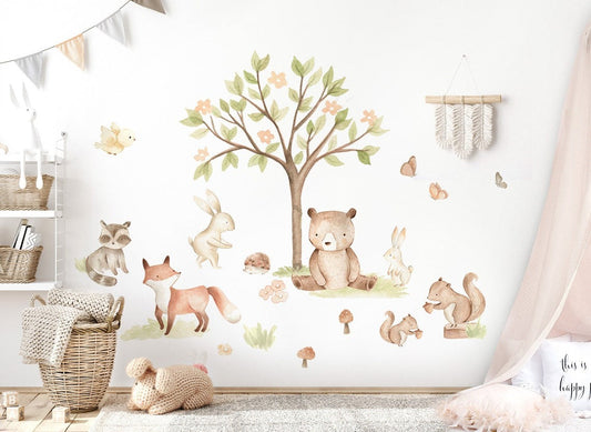 Vinilos decorativos Adhesivos infantiles de Pared  con oso, zorro, conejo, árbol para la habitación (0012)