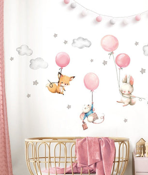 Vinilos decorativos Adhesivos infantiles de Pared Baby Room Fox Mouse and Rabbit with Balloon Stars niña (0025)