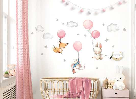 Calcomania de Pared Baby Room Fox Mouse and Rabbit with Balloon Stars niña (0025)