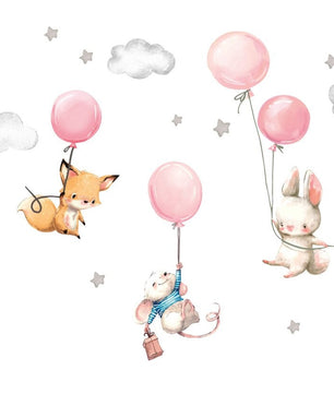 Vinilos decorativos Adhesivos infantiles de Pared Baby Room Fox Mouse and Rabbit with Balloon Stars niña (0025)