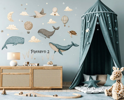 Vinilos decorativos Adhesivos infantiles de Pared bajo el mar, ballena acuarela, globos de aire caliente niño (0026)