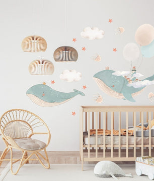 Vinilos decorativos Adhesivos infantiles de Pared bebé ballenas voladoras de acuarela (0027)