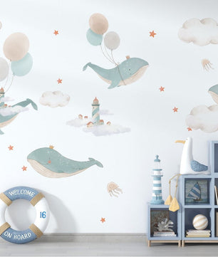 Vinilos decorativos Adhesivos infantiles de Pared bebé ballenas voladoras de acuarela (0027)