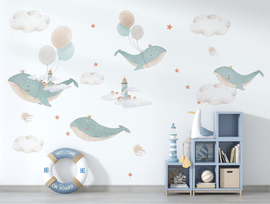 Vinilos decorativos Adhesivos infantiles de Pared bebé ballenas voladoras de acuarela (0027)