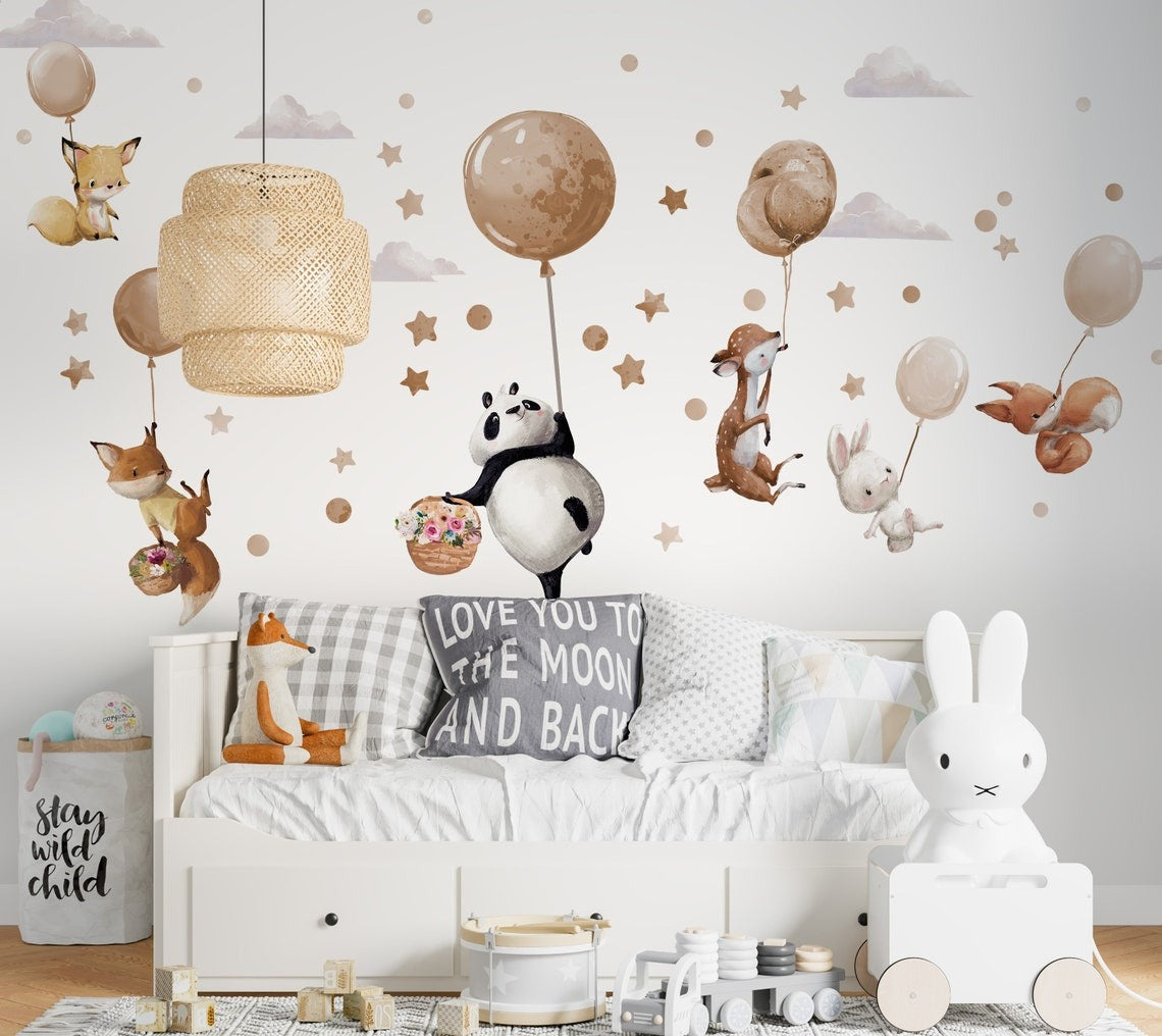 Vinilos decorativos Adhesivos infantiles de Pared  animales grandes en globos beige (0009)