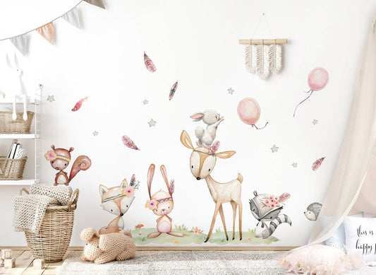 Vinilos decorativos Adhesivos infantiles de Pared de vivero de bosques, oso de acuarela, ciervo, búho, zorro niña (0037)
