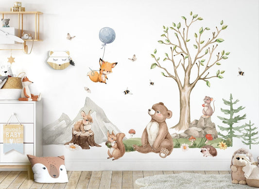 Vinilos decorativos Adhesivos infantiles de Pared para habitación infantil oso erizo zorro animales (0083)