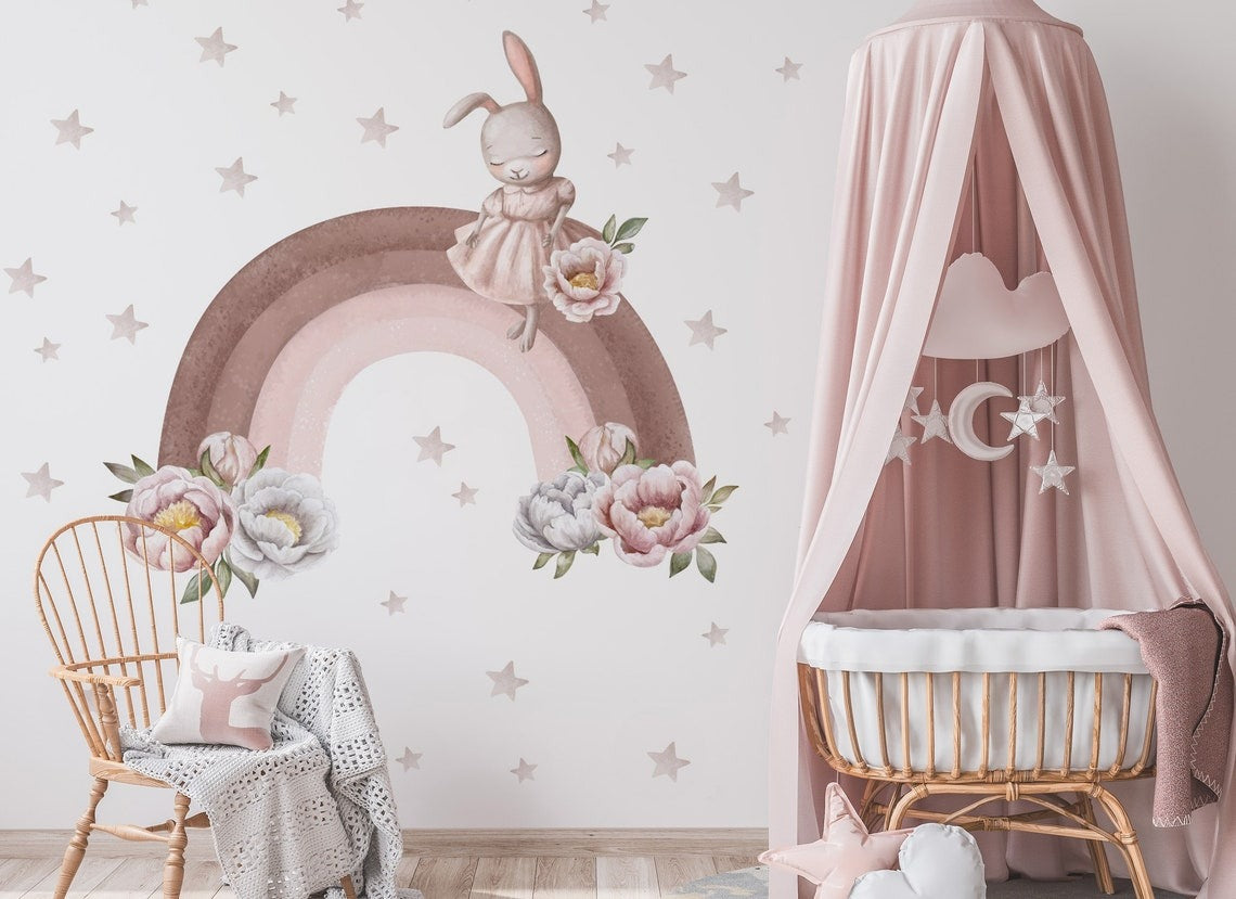 Vinilos decorativos Adhesivos infantiles de Pared arco iris pastel con coneja niña (0023)