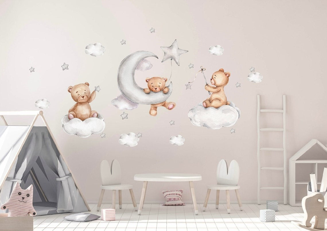 Vinilos decorativos Adhesivos infantiles de Pared Acuarela oso de peluche y estrellas niño (0020)